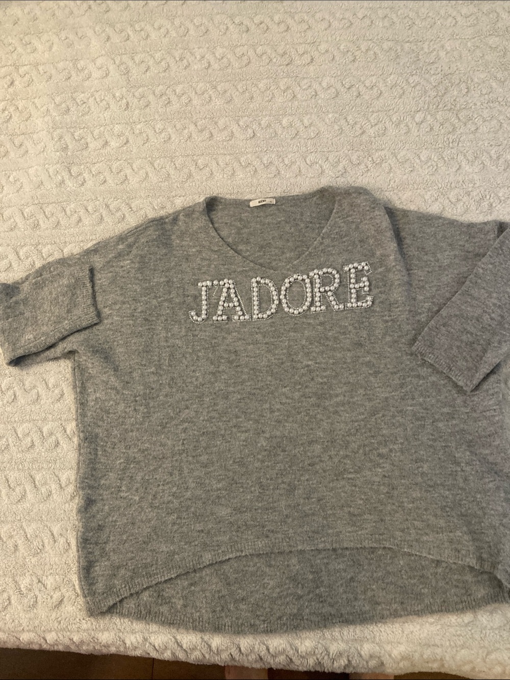 Adore Gray V-Neck Sweater with Pearl 'JADORE' Script